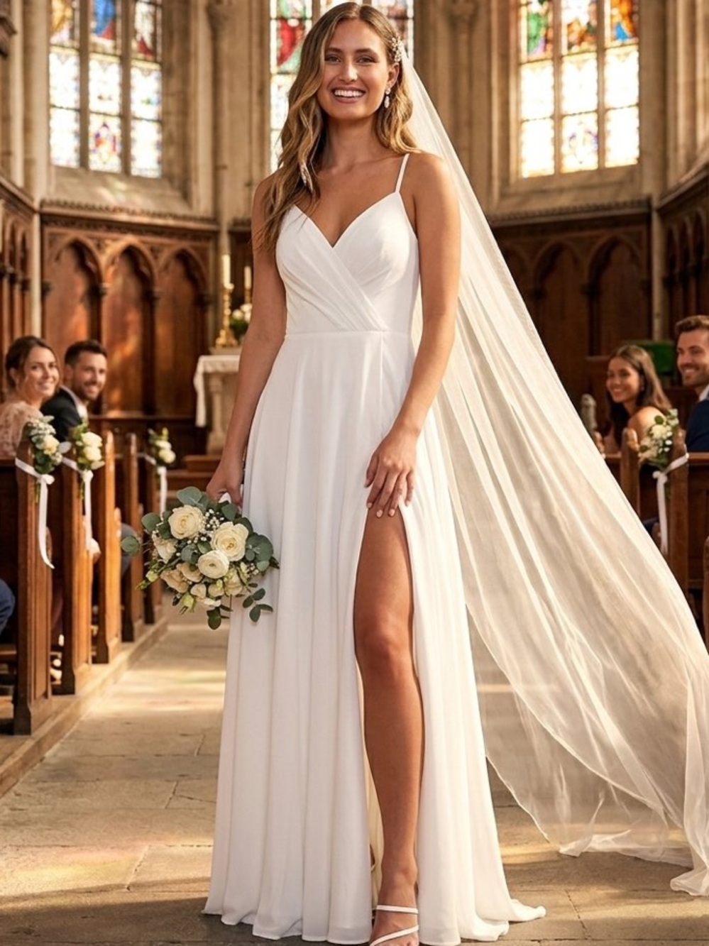 New Lulus Spaghetti Strap White Maxi Bridal Dress with Side Slit Sz Large